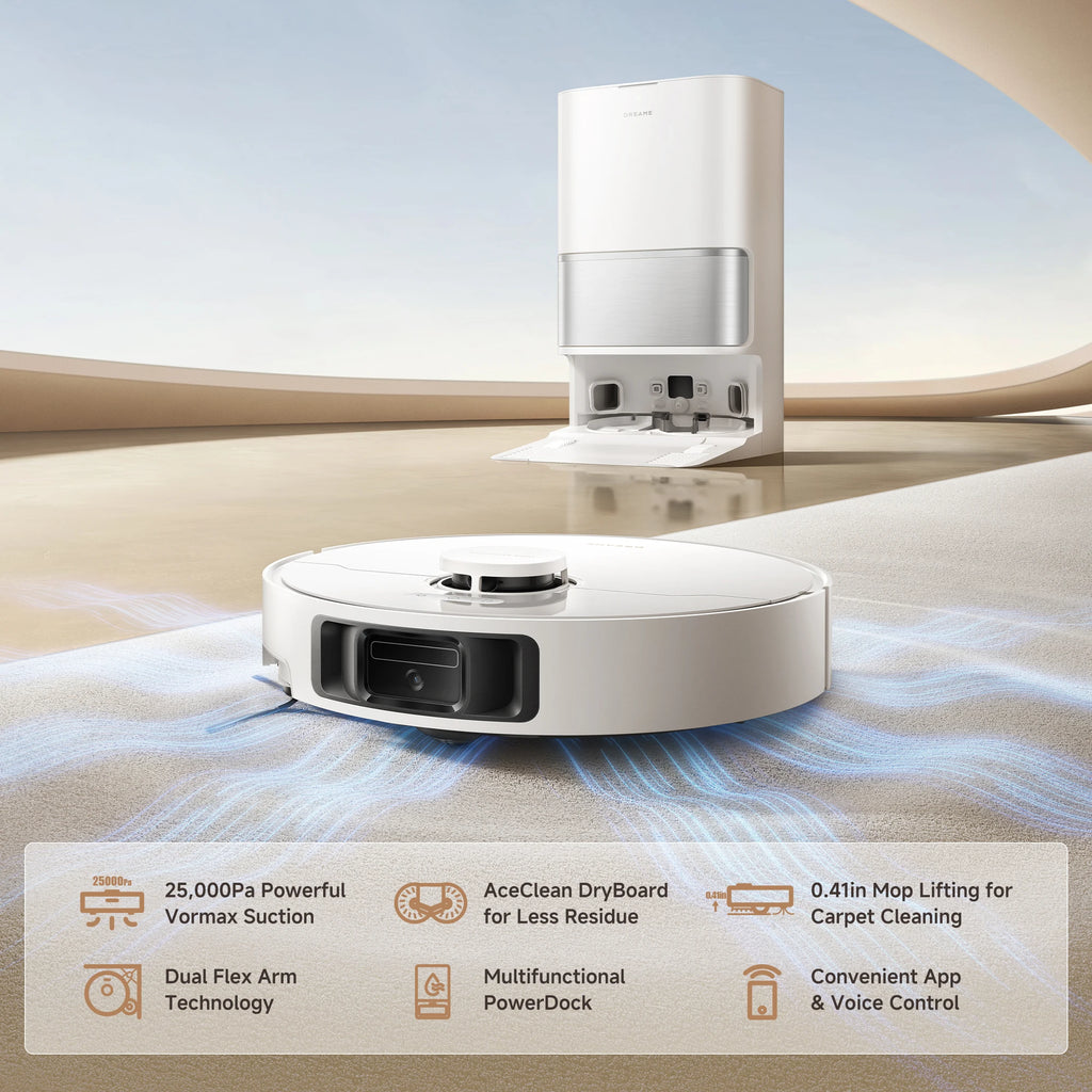 Dreame Robot Vacuum and Mop, 25KPa Suction, Extendable Side Brush&Mop, Self-Emptying & Cleaning Dock, White