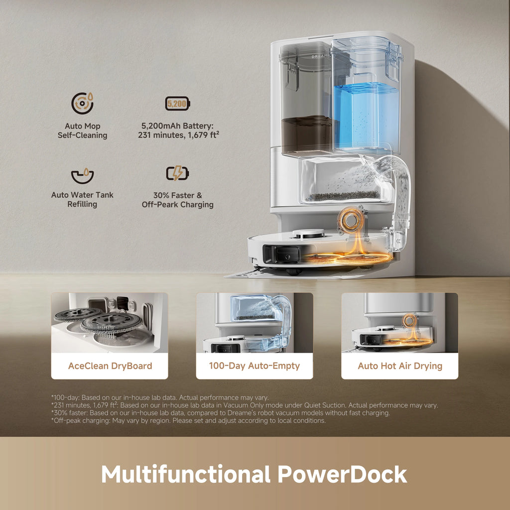 Dreame Robot Vacuum and Mop, 25KPa Suction, Extendable Side Brush&Mop, Self-Emptying & Cleaning Dock, White