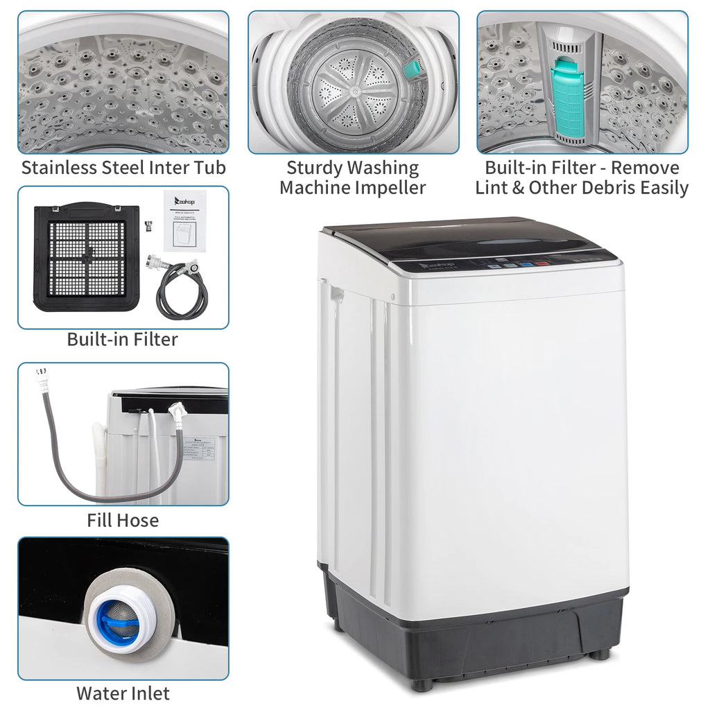 Compact Full-Automatic Top Load Washing Machine, 10 Programs 8 Water Levels, Spin & Drain Pump, Laundry Appliances for Home Use