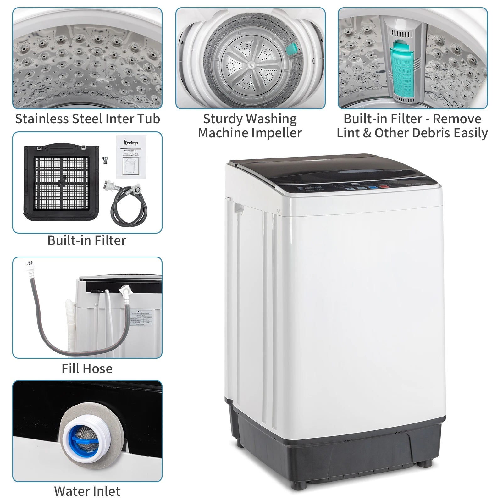 Compact Full-Automatic Top Load Washing Machine, 10 Programs 8 Water Levels, Spin & Drain Pump, Laundry Appliances for Home Use