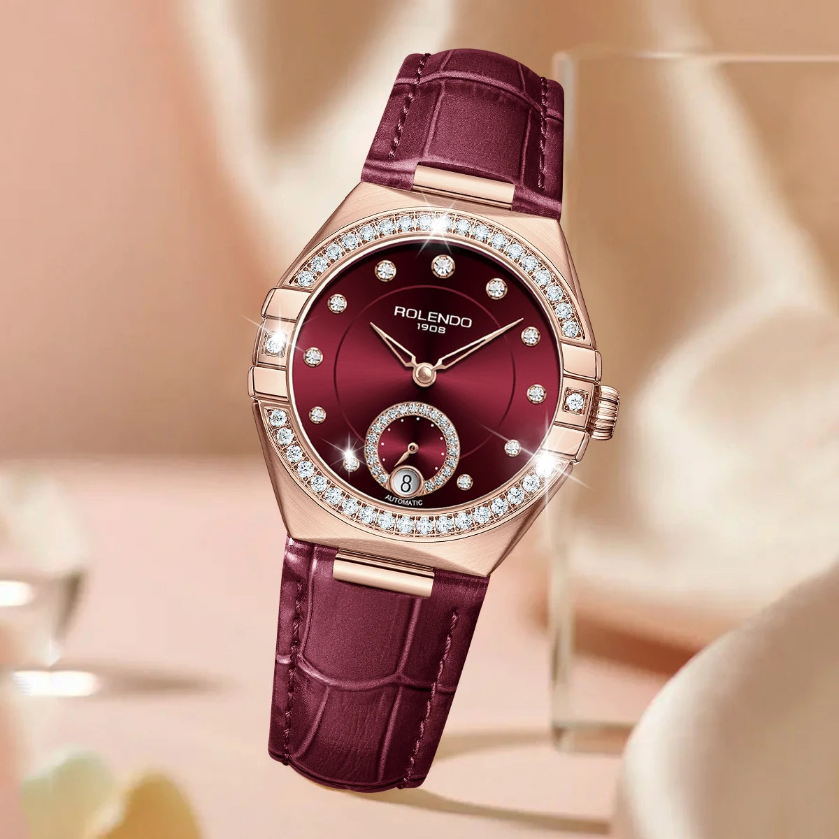 ROLENDO Constellation Automatic Watches for Women 33mm Burgundy Leather Strap Calendar Display Seagull Movement 3ATM Watch Gift