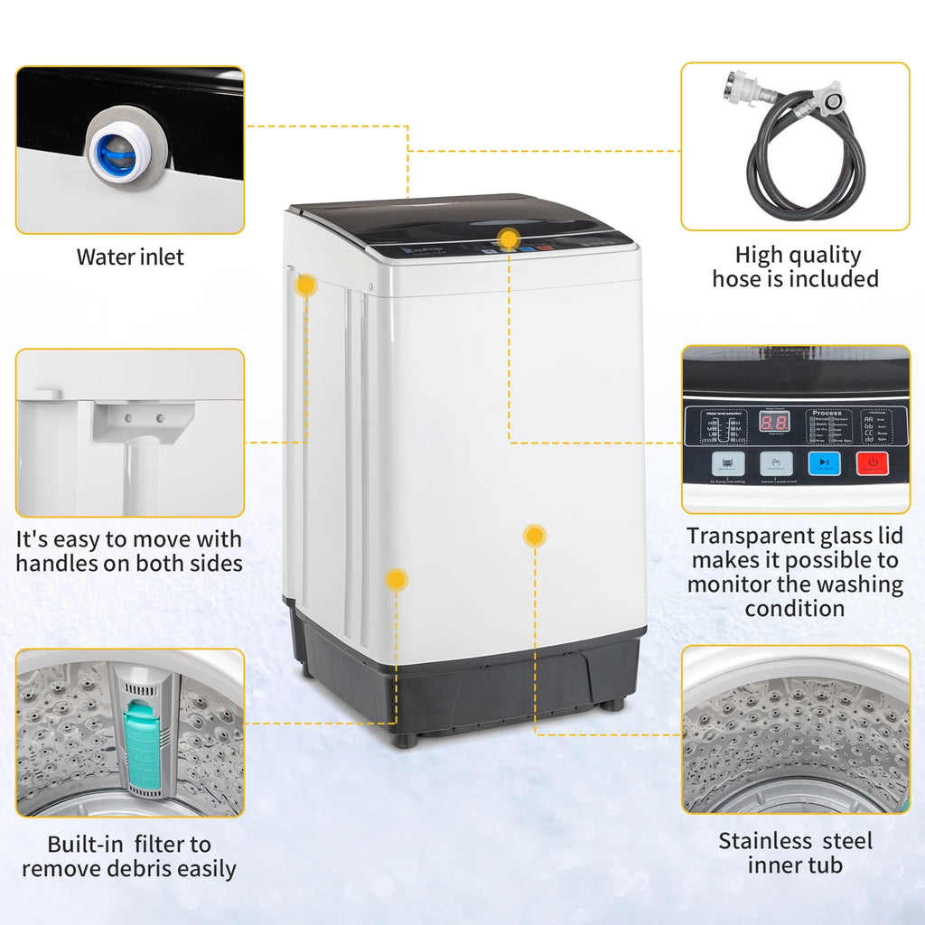Compact Full-Automatic Top Load Washing Machine, 10 Programs 8 Water Levels, Spin & Drain Pump, Laundry Appliances for Home Use