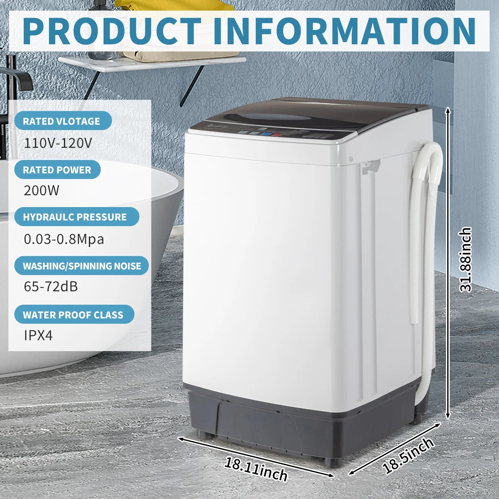 Compact Full-Automatic Top Load Washing Machine, 10 Programs 8 Water Levels, Spin & Drain Pump, Laundry Appliances for Home Use