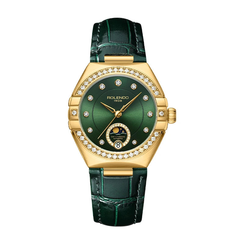 ROLENDO Diamond-Set Automatic Watches for Women Secret Emerald Sun-patterned Dial Date Waterproof Constellation Style Wristwatch