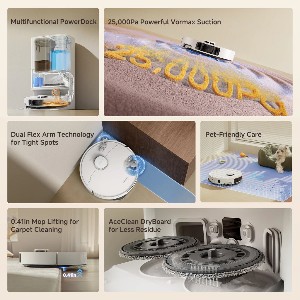 Dreame Robot Vacuum and Mop, 25KPa Suction, Extendable Side Brush&Mop, Self-Emptying & Cleaning Dock, White