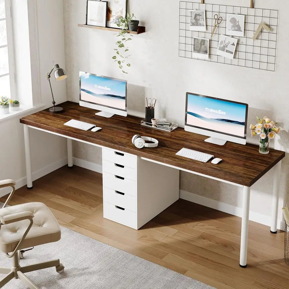 5 Drawers, 78.7 Long Double Office Desk, Modern Simple Double Computer Desk Study Writing Table Workstation for Home Office (Bro