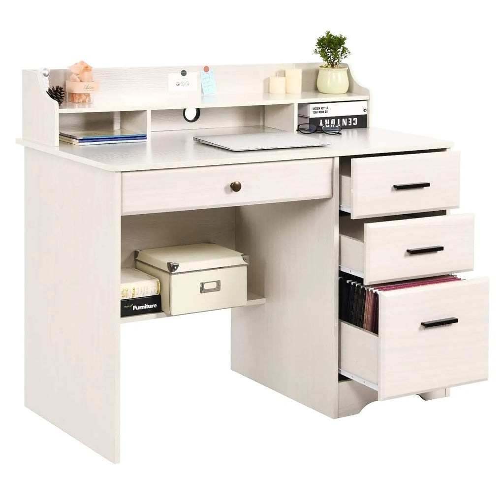 Home Office Desk with 4 Drawers & Hutch Computer Table Bedroom Off-White, Customized