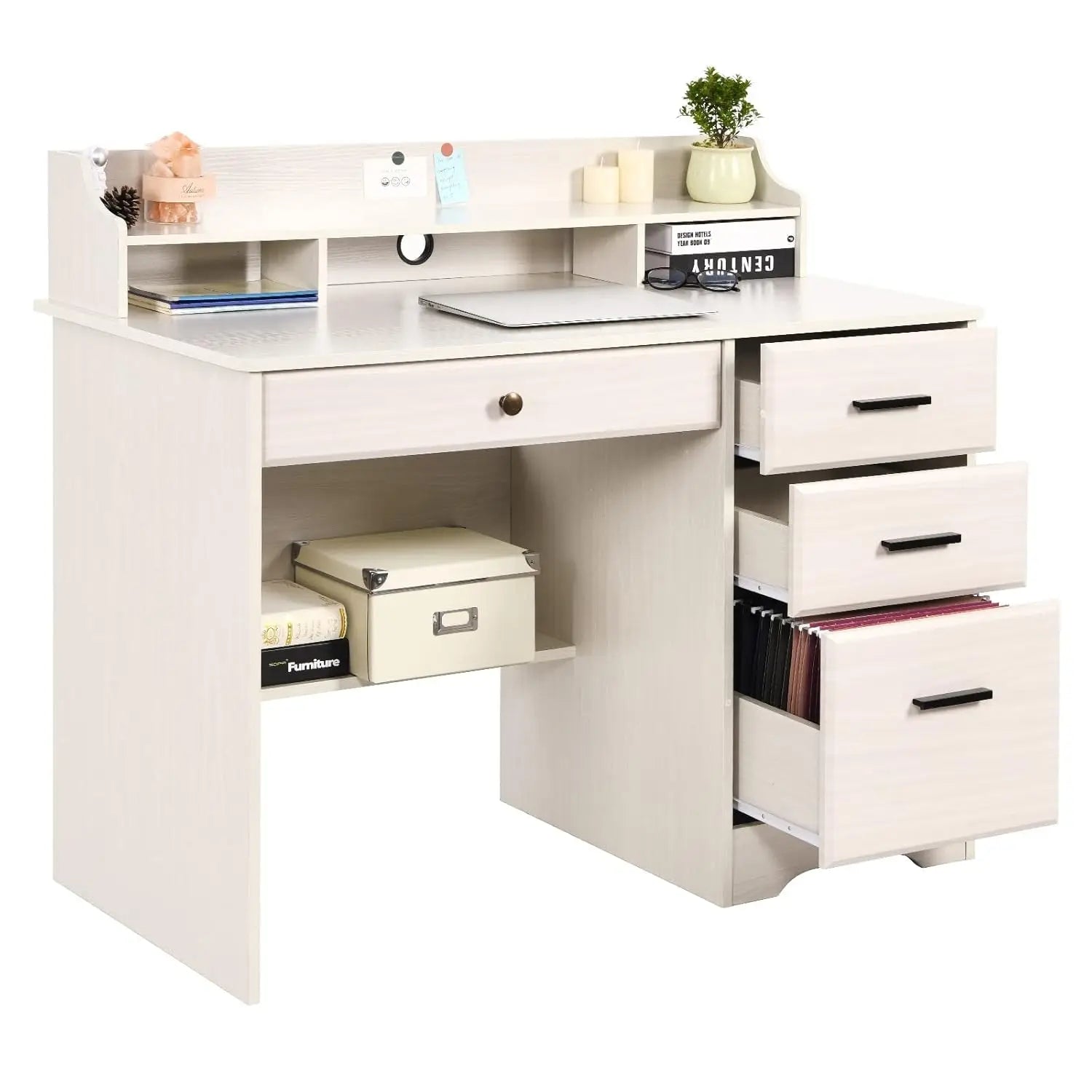 Home Office Desk with 4 Drawers & Hutch Computer Table Bedroom Off-White, Customized