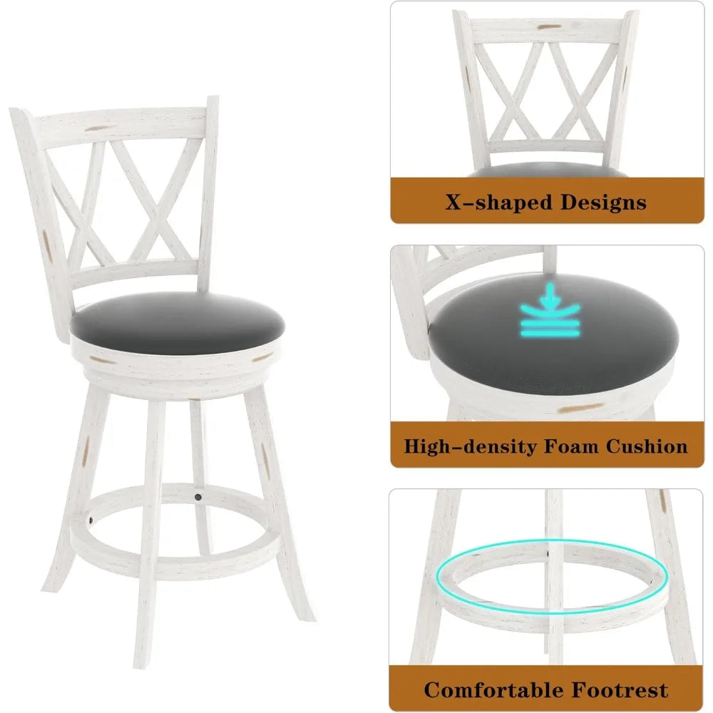 24 Inch High Back Swivel Bar Stools with Upholstered Seats and Solid Wood Footrests