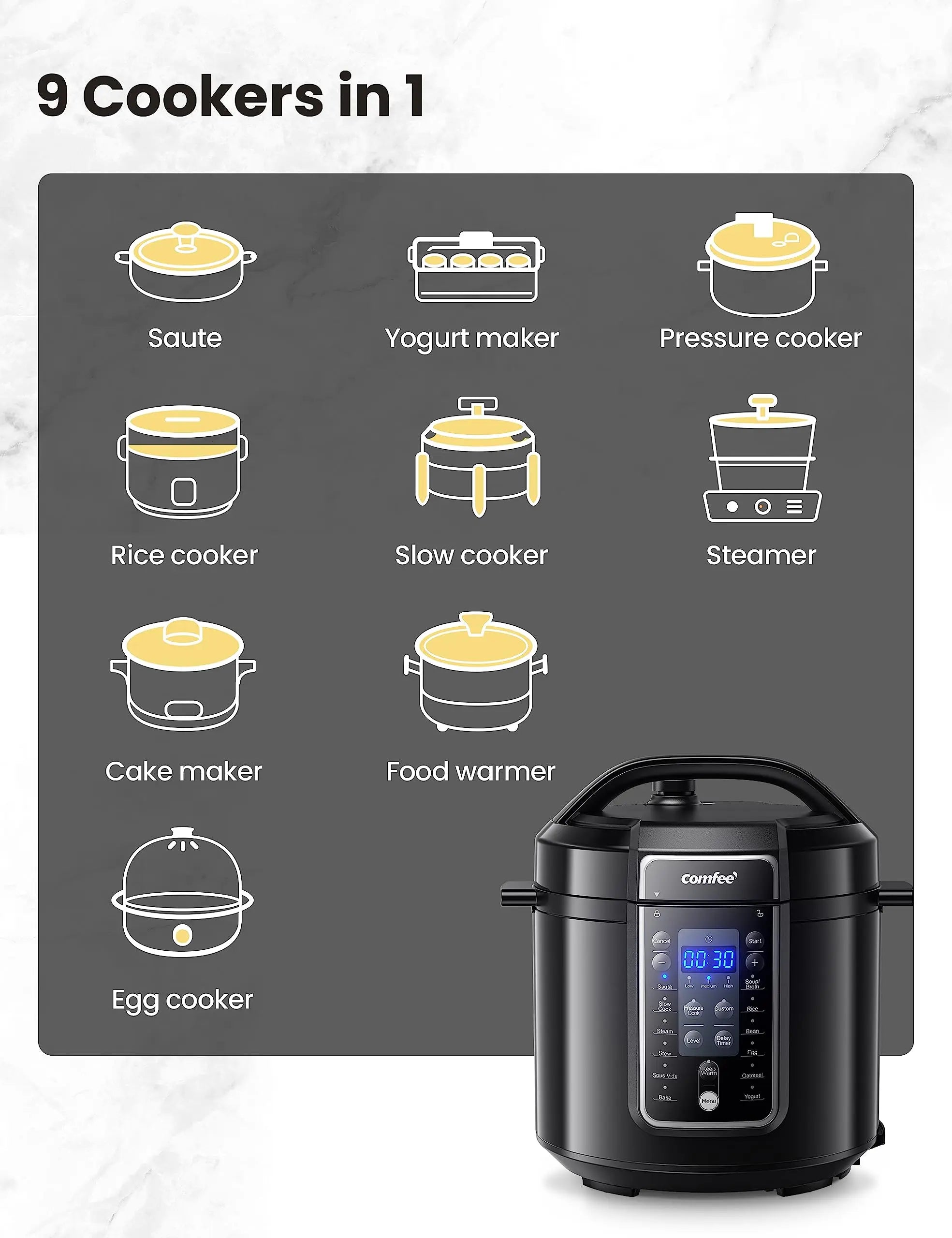 COMFEE’ 9-in-1 Electric Pressure Cooker 13 Presets Instant Multi Cooker Olla de Presion Slow Cooker Rice Cooker Steamer Sauté Y