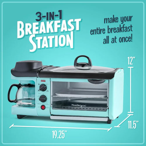 3-in-1 Breakfast Station with Coffee Maker Non-Stick Griddle and 4-Slice Toaster Oven - Versatile Breakfast Maker with Timer -