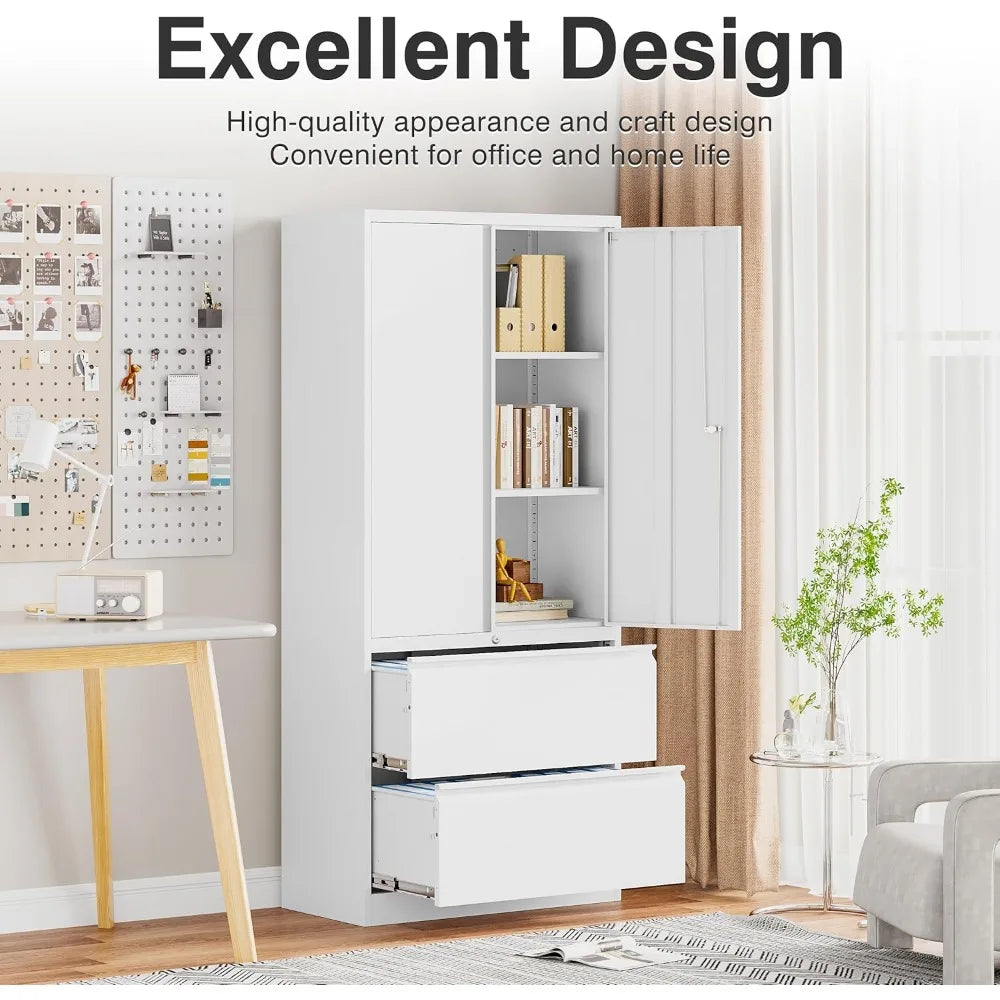 White 2-Drawer Locking Lateral File Cabinet with Shelf, 71 Storage Cabinet for Secure Metal Filing