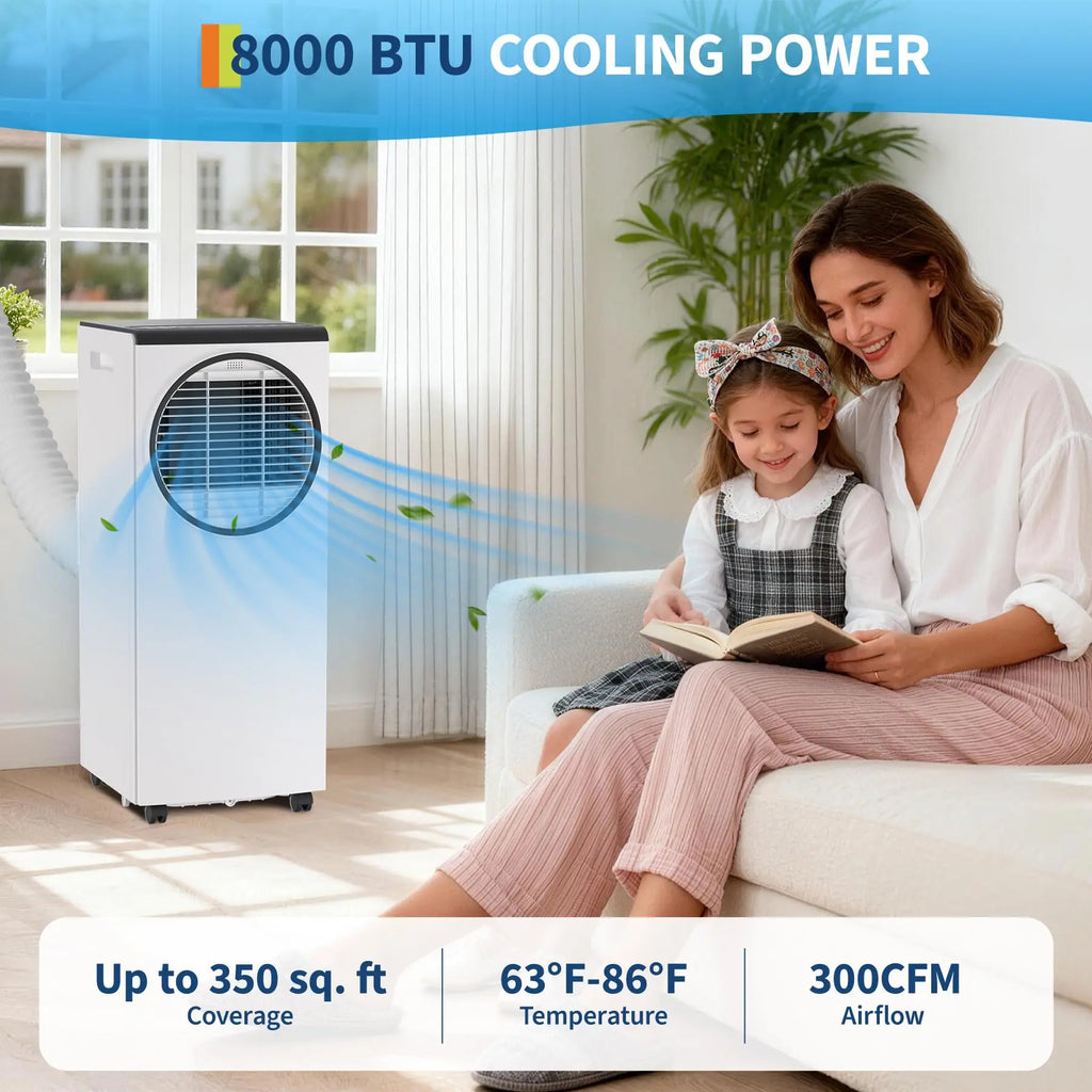 Quiet 8000 BTU Portable AC Unit For Bedroom, 3 In 1 Air Conditioner With Dehumidifier Fan, Remote Timer For 350 Sq Ft