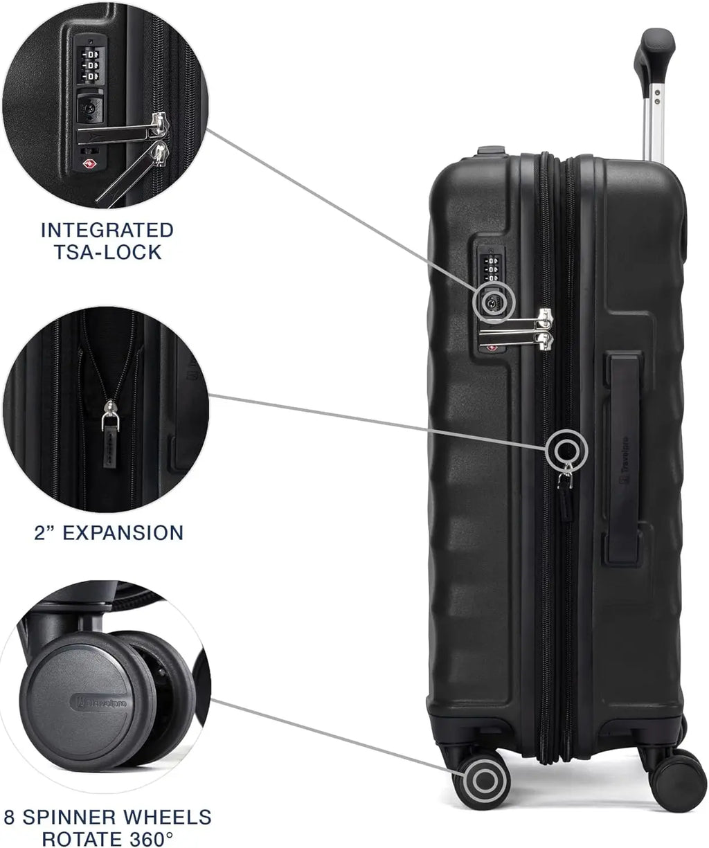 Lightweight Expandable Carry-On Luggage with 8 Spinner Wheels, TSA Lock, Black Hard Shell Suitcase, 20-Inch