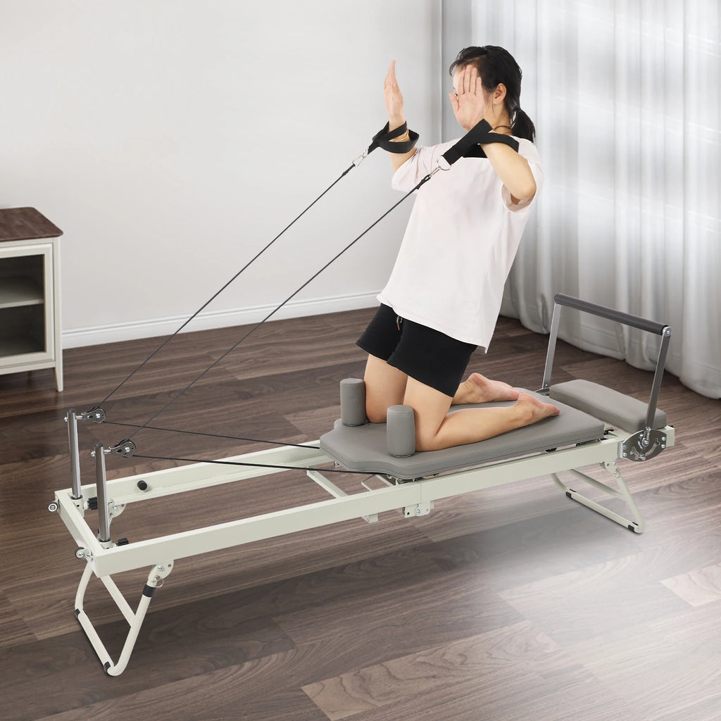 Foldable Pilates Reformer Machine,  Pilates Exercise Equipment，Stylish Gray Multifunctional Yoga and Fitness Bed