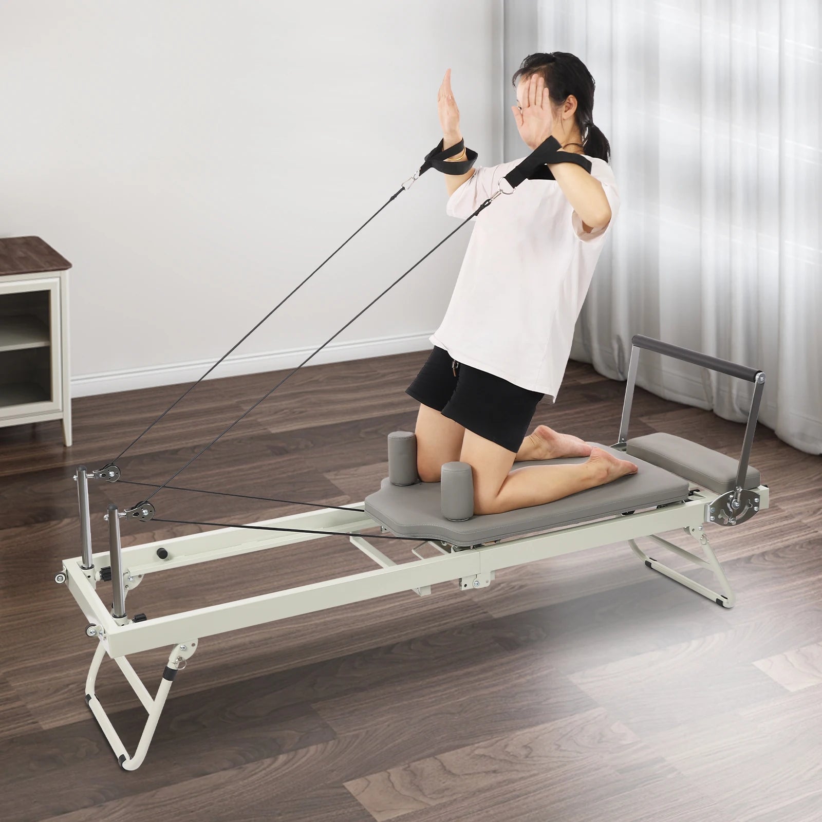 Foldable Pilates Reformer Machine,  Pilates Exercise Equipment，Stylish Gray Multifunctional Yoga and Fitness Bed