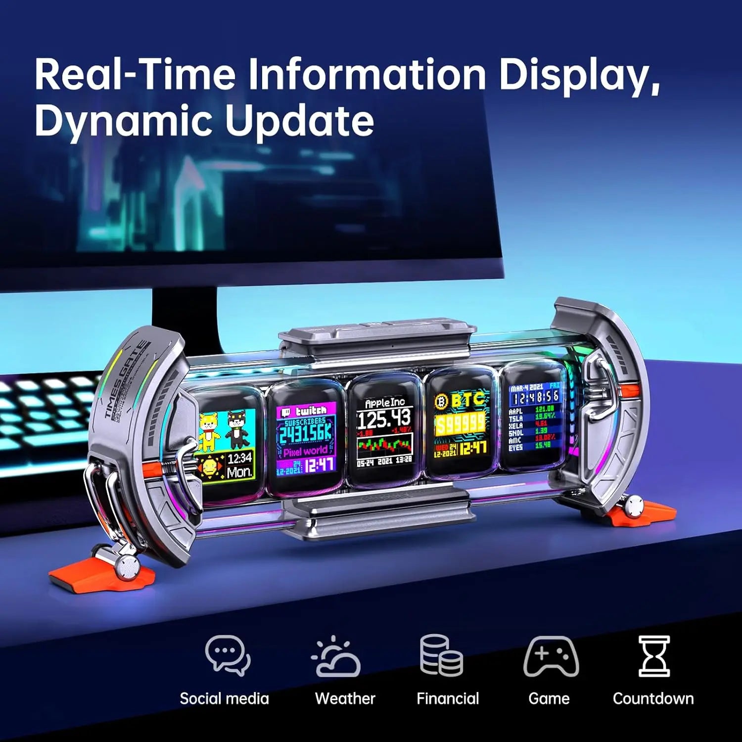 Cyberpunk Gaming Digital Alarm Clock, WiFi Smart Display, RGB LED Pixel Art for Desk Decor