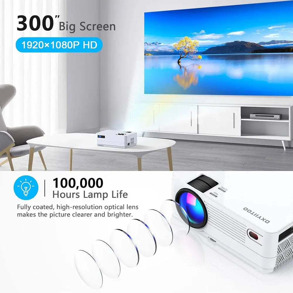 Full HD 1080P Projector with Wii and Bluetooth Connectivity, 300 4K Home Theater Display, Compatible with iOS/Android/PC/PS4/TV