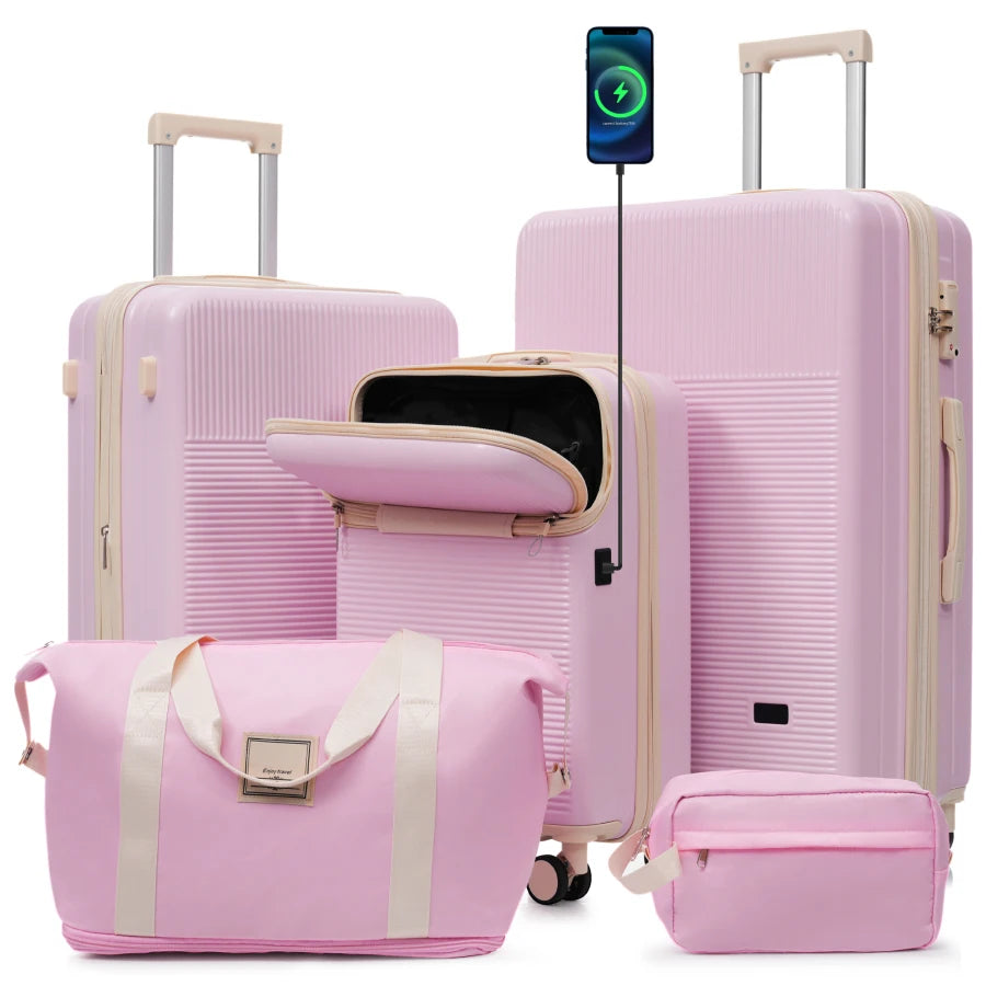 Luggage Sets 5 Piece for travel, polycarbonate hardside, black, lightweight with half-opening design, double spinner wheels, US