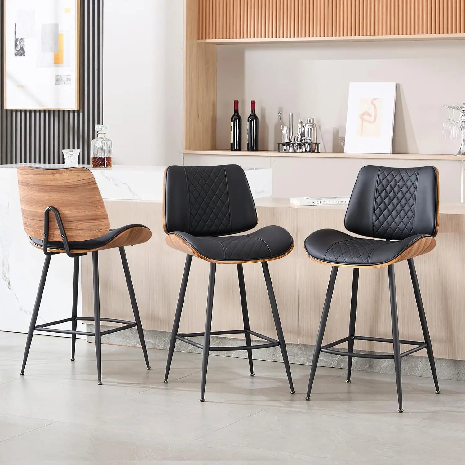Counter Height Barstools Set of 3, 26.9" Armless Stools with Metal Legs, Walnut Pub Chair in Modern Style, Customized