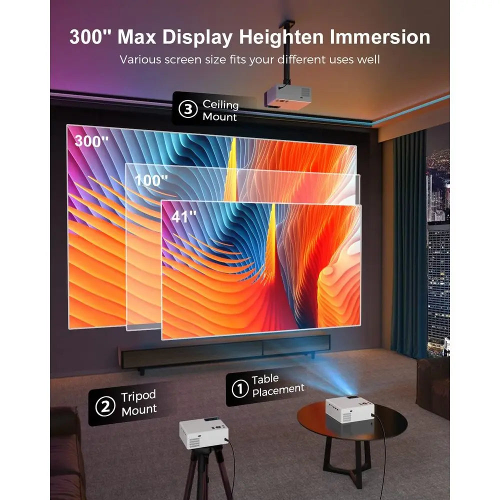 4K Compatible 1080P Home Theater Projector, 300 ANSI Lumens, Max 300 Display, Supports HDMI/USB/VGA/Laptop/TV Stick