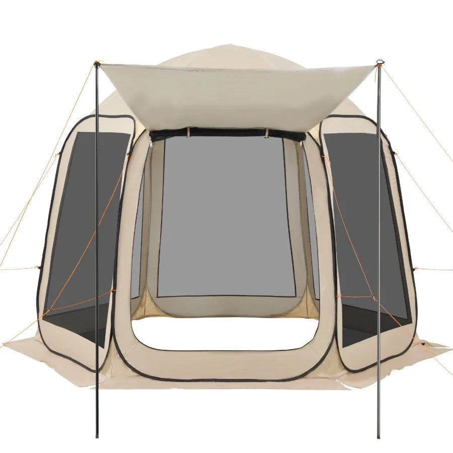 Screen House Tent 10 x 9.2 ft Beige 4-8 Person Pop Up Screened Canopy with Extended Awning Netting Sides Portable for Patio Bac