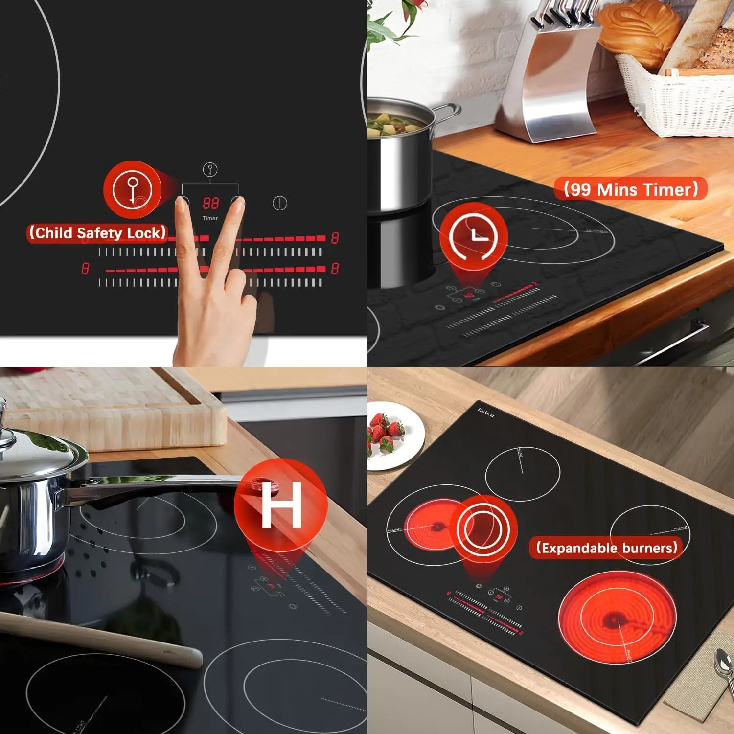 Karinear 4 Burner Electric Ceramic Cooktop 30 Inch, 220-240V, 30 Inch Built-in Install, 7100W, Slide Control, Oval Zone(No Plug)