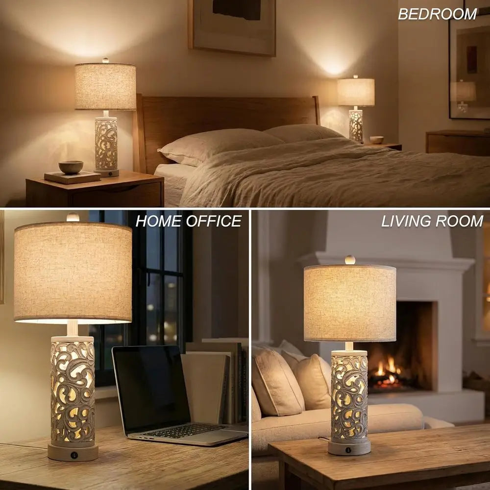 Vintage 2-Piece Table Lamp Set with USB and Night Light, 22 Arm, Bedroom and Living Room Lighting, Bulb Included