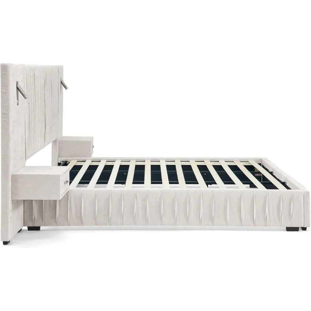 King Size Luxury Bed Frame with Pleated Design Headboard, Upholstered Hotel Platform Bed with Built-in LED Lights and Nightstand