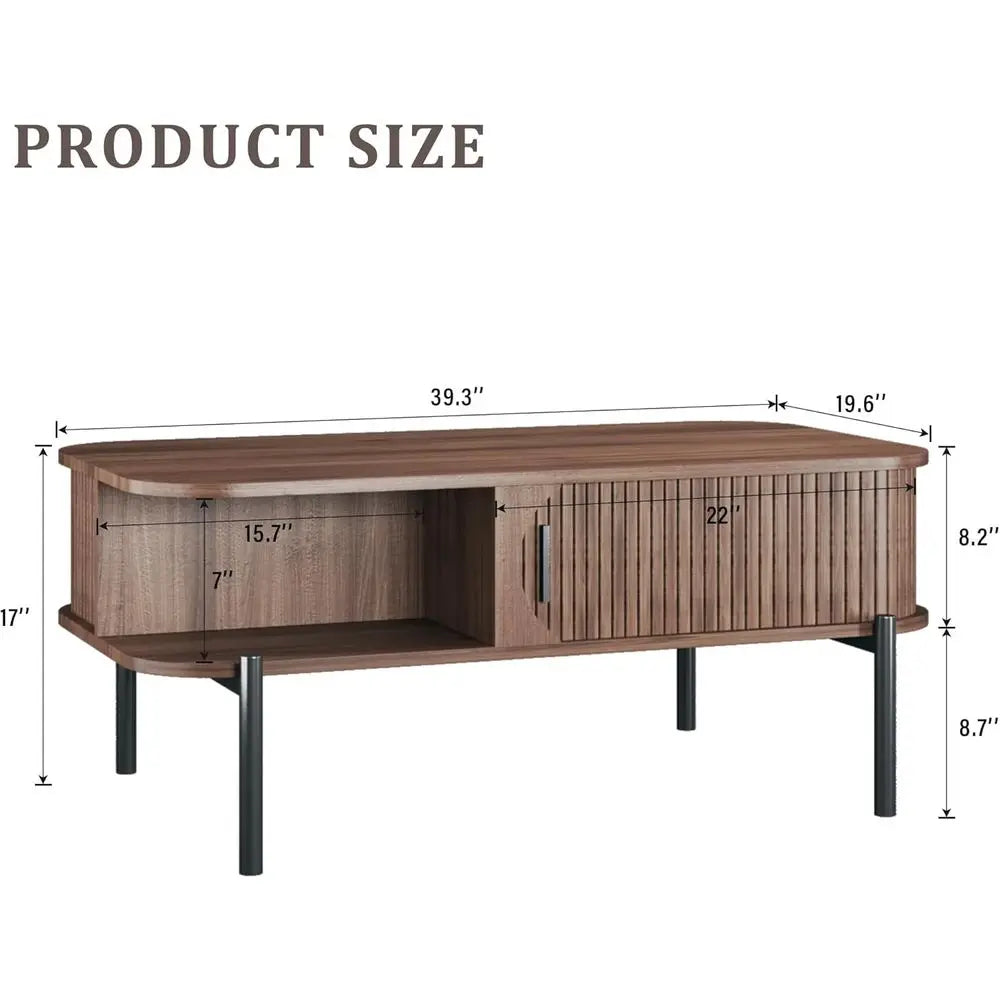 Rustic 2-Tier Walnut Coffee Table with Storage and Sliding Cabinet Door
