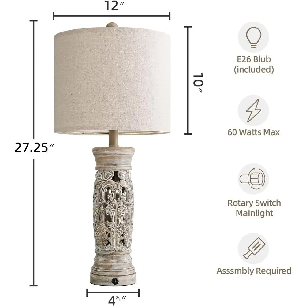 Set of 2 Rustic Vintage Table Lamps with Night Light & USB Ports, Suitable for Bedroom, Living Room, Entryway
