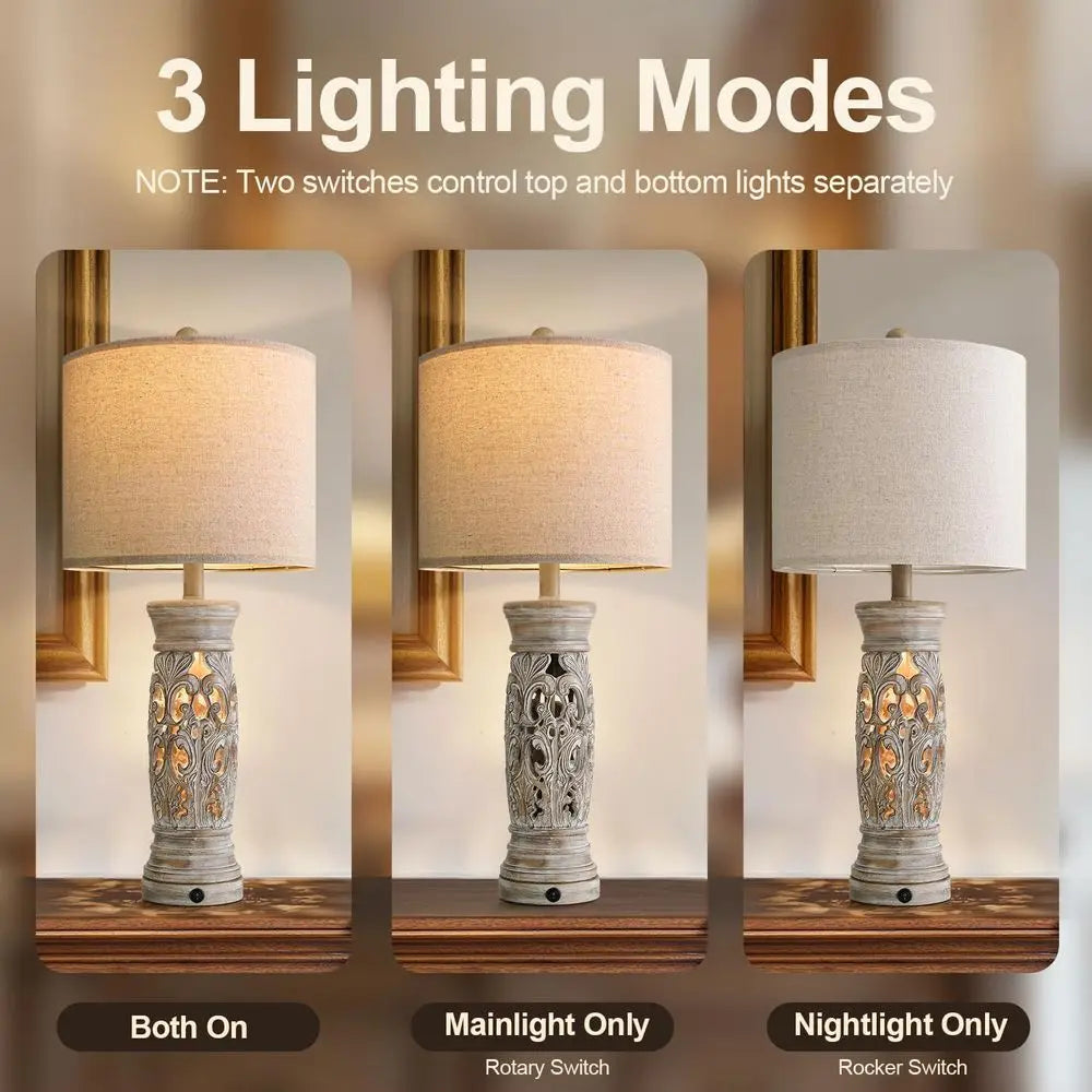 Set of 2 Rustic Vintage Table Lamps with Night Light & USB Ports, Suitable for Bedroom, Living Room, Entryway