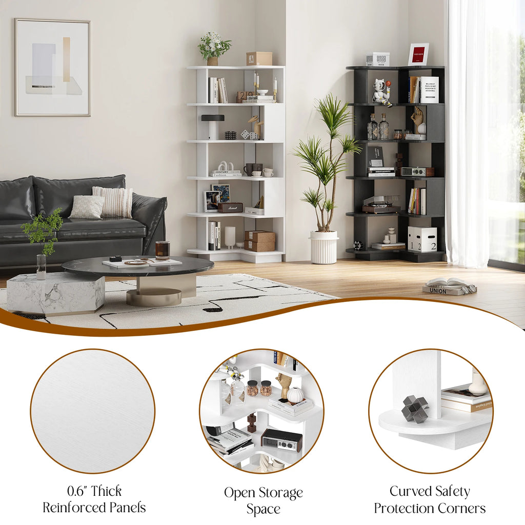 Farini Corner Bookshelf – White, Space-Saving Storage Shelf for Living Room & Home Office