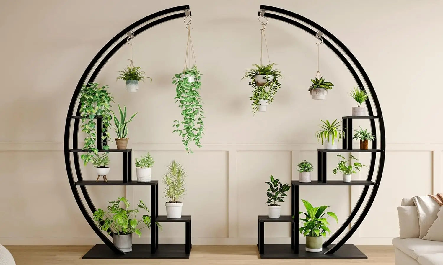 5-Tier Tall Metal Plant Stand, Half Moon Flower Pot Shelf - Multi-Level Indoor & Outdoor Corner Display Rack with Hanging