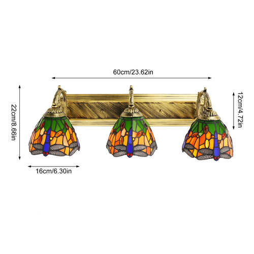 3-light Dragonfly Patterns Wall Lamp with 3 Standard E27 Lamp Holders and Colorful Glass Lampshades for Living Rooms, Cafes