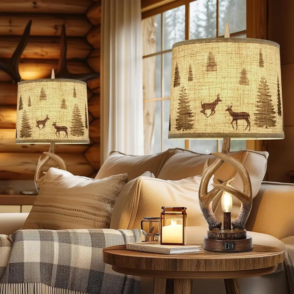 Rustic Antler Table Lamp Set of 2 with Nightlight, Dual USB Ports, Linen Fabric Shade, Suitable for Bedroom, Living Room, Office