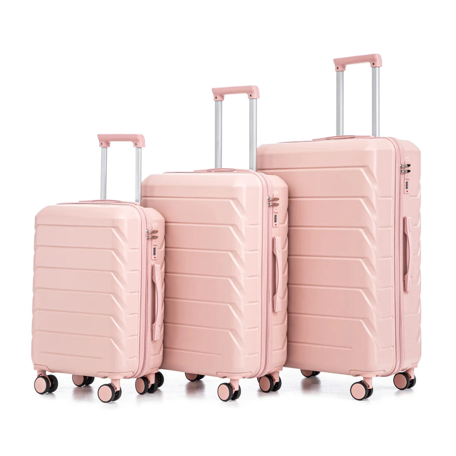 Tourist luggage set for travel: ABS spinner wheels, 20/24/28, matching pink color, includes combination lock
