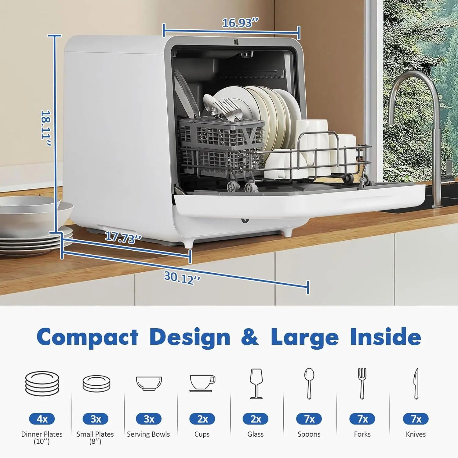 120V/900W Portable Dishwasher Compact Dishwasher Countertop with Faucet & Manual Water Tank (5L) Modes Water Inlet,6 Programs