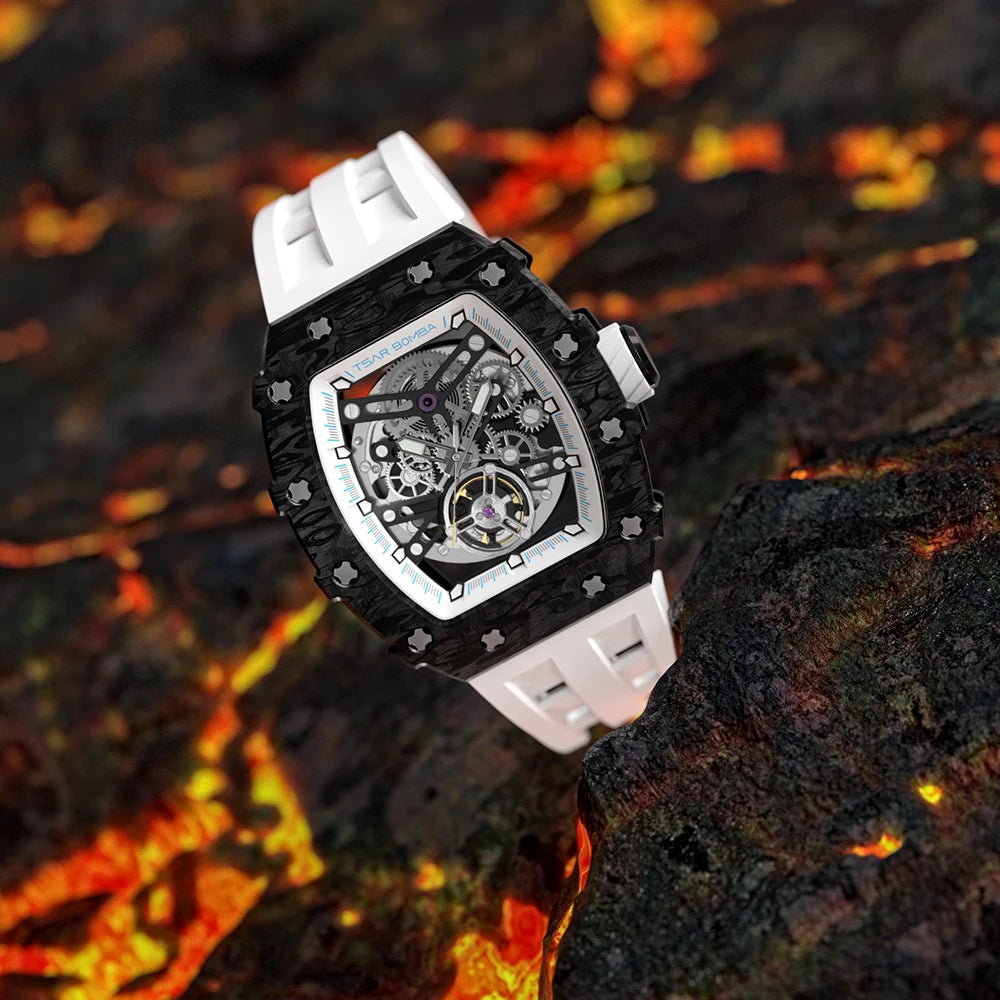 TSAR BOMBA 2022 Luxury Mens Automatic Watch Waterproof Carbon Fiber Clock Tonneau Skeleton Mechanical Wrist Watch for Men