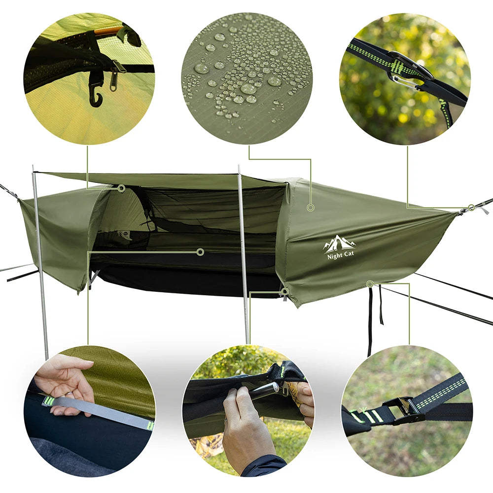 Night Cat Flat Lay Hammock Tent with Mosquito Net Waterproof Rainfly for 1 Person Backpacking Hiking Camping Lightweight 330LBS