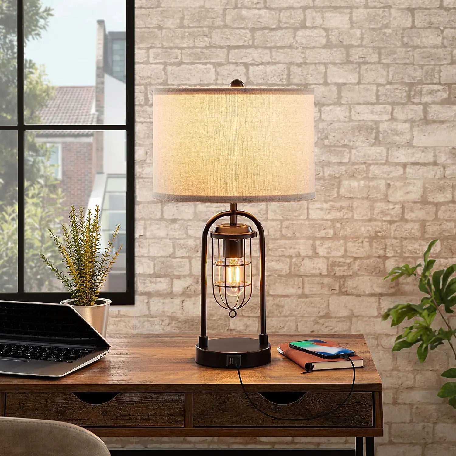 Set of 2 Modern Table Lamps with USB Ports and Night Light for Living Room Bedroom, Bulbs Included