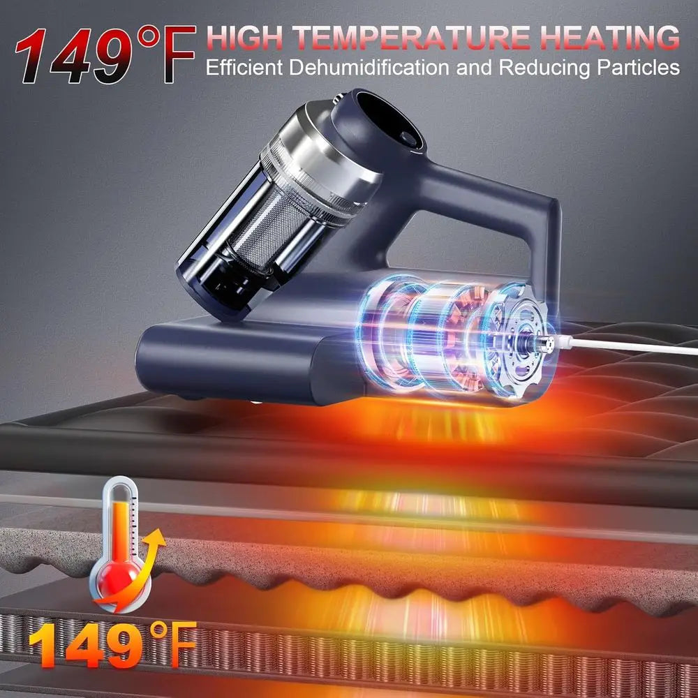 Ultra-Powerful Bed Vacuum Cleaner with UV-C Light, 16kPa Suction, HEPA Filter, 149℉ Heat, and Anion Technology for Bed and Pet.