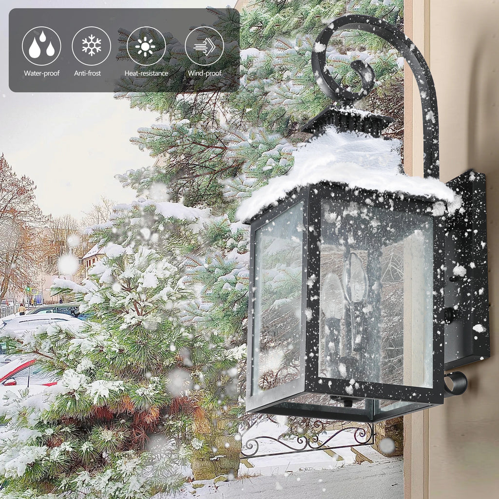 23 in Outdoor wall light fixture made of black metal transparent frosted glass, suitable for porch, terrace, garage, garden