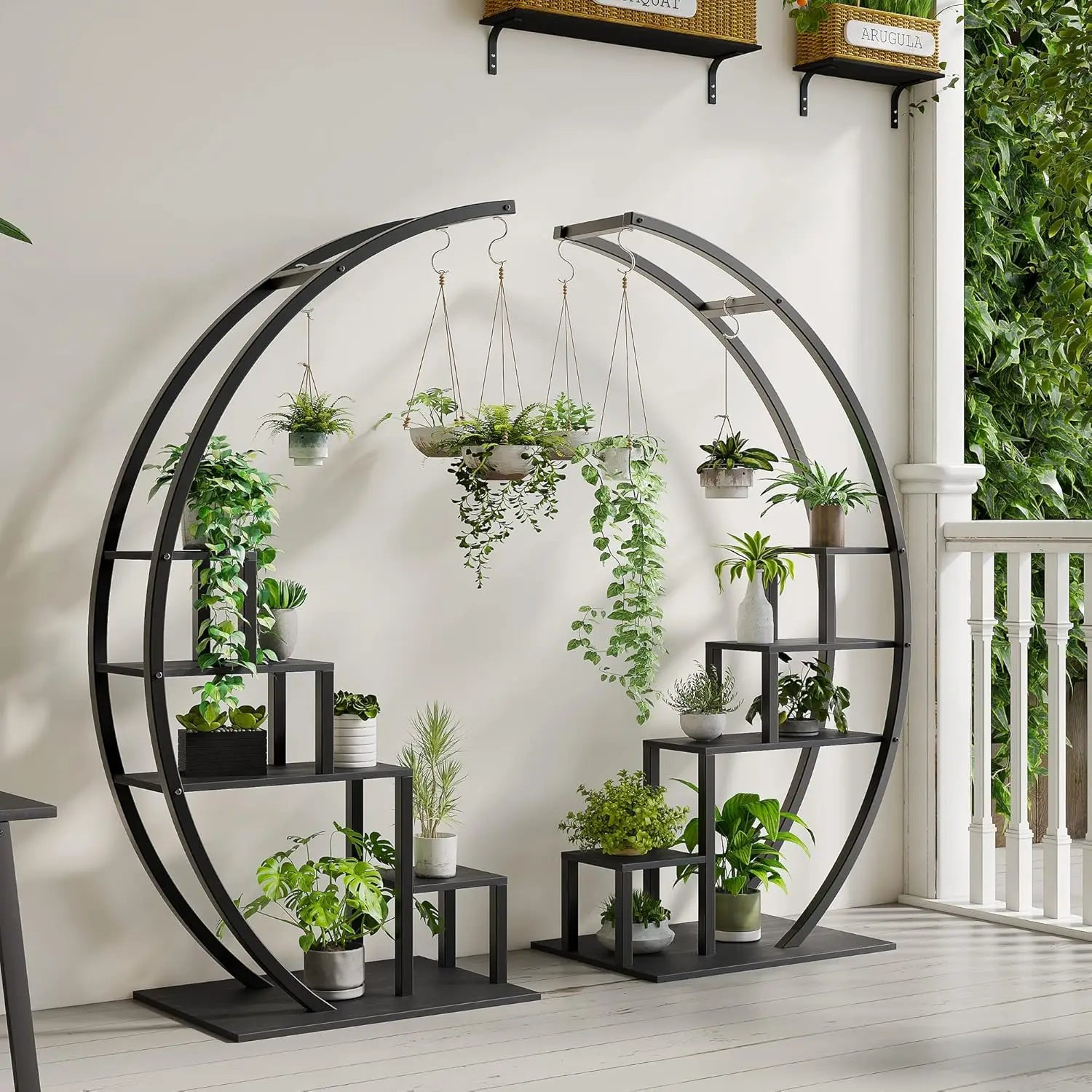 5-Tier Tall Metal Plant Stand, Half Moon Flower Pot Shelf - Multi-Level Indoor & Outdoor Corner Display Rack with Hanging
