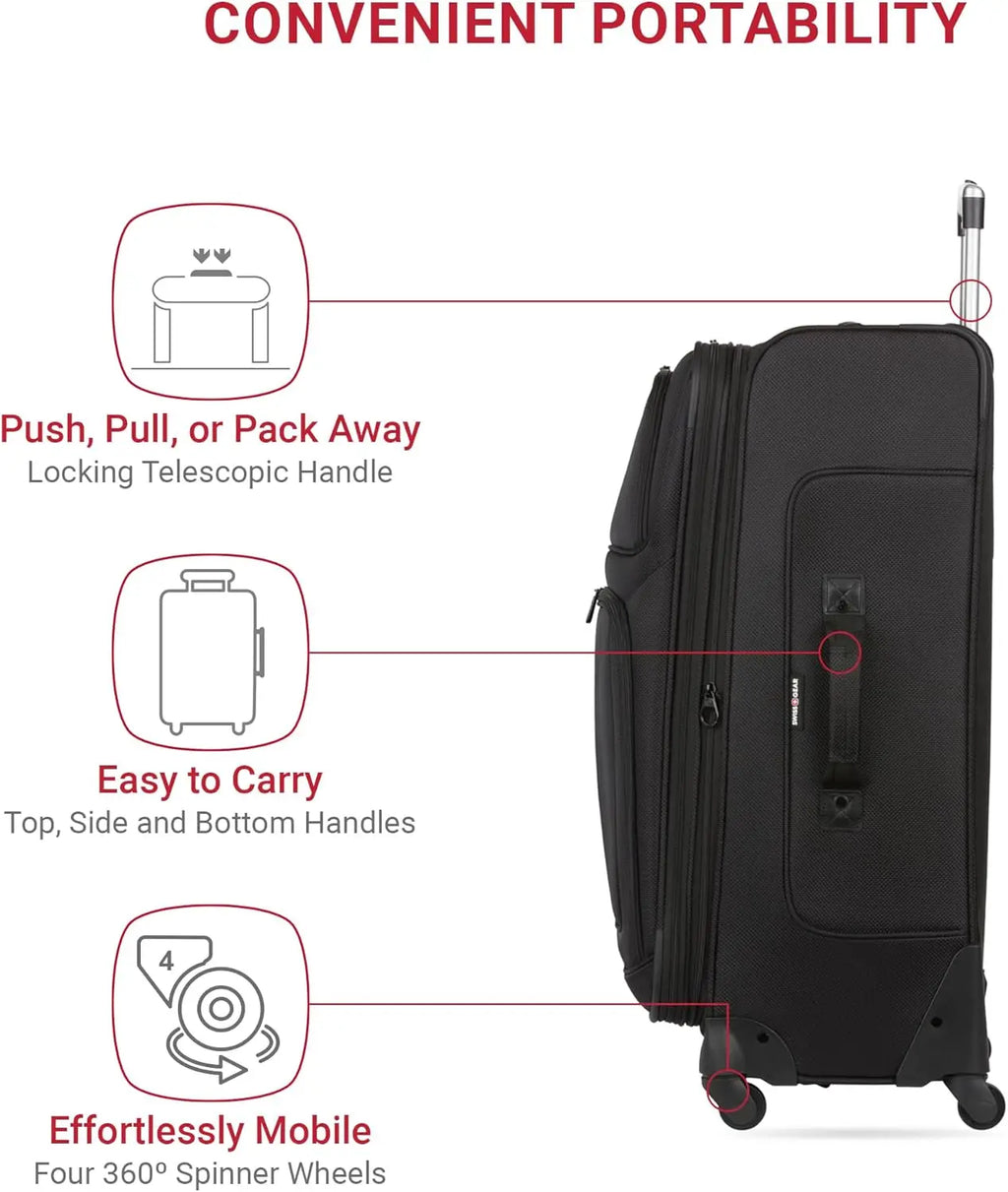 Expandable Spinner Luggage, Durable Lightweight Travel Suitcase, Black, Checked-Large 29-Inch