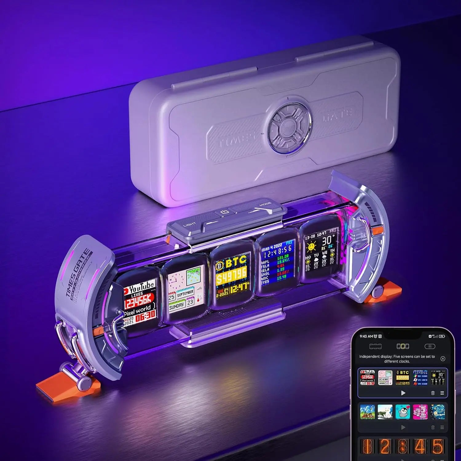 Cyberpunk Gaming Digital Alarm Clock, WiFi Smart Display, RGB LED Pixel Art for Desk Decor