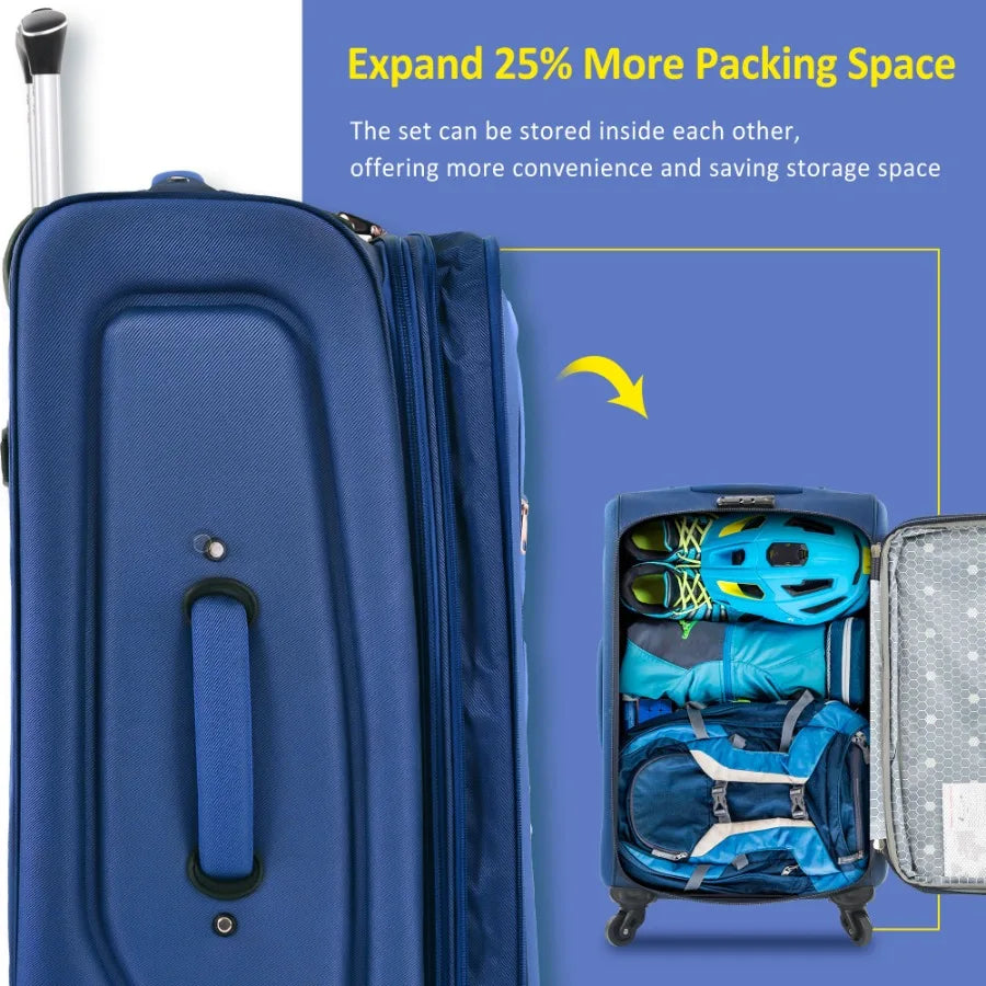 Travel luggage set for airport and business trips: softshell expandable upright spinners in navy blue, lightweight and durable