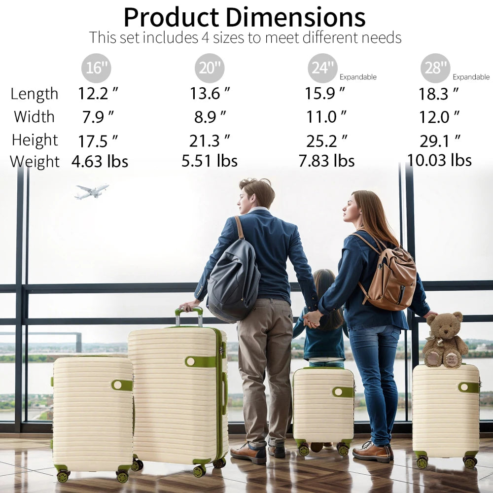 Suitcase Set, ABS Hard Shell Lightweight Expandable Travel Luggage with 4 Packing Cubes, TSA Lock, Spinner Wheels (16/20/24/28)