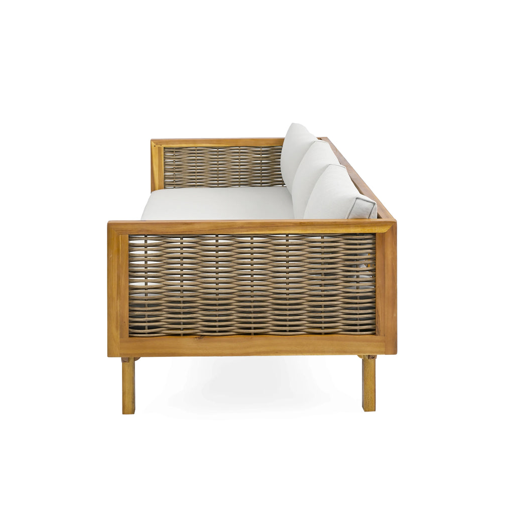 3 Seater Sofa Acacia Wood Outdoor Daybed Convertible Bed with Rattan Arm Cushion Pillow for Patio Garden
