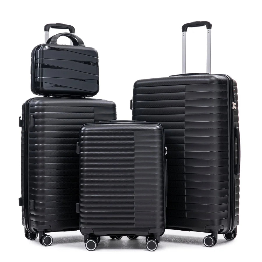 Carry on suitcase set for travel: PP spinner wheel luggage in black, 14/20/24/28, iron pull rod, combination password lock, inc